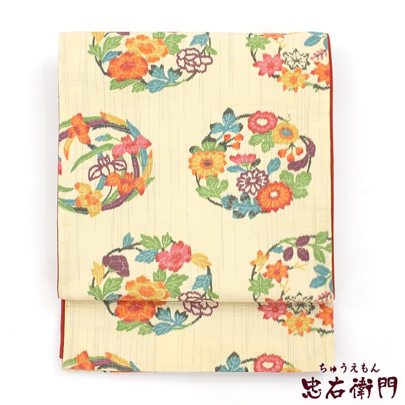 【中古】 おしゃれ袋帯 袋帯 ふくろ帯 リサイクル レディース 正絹 ベージュ 花の丸文 長さ446cm 幅30.5cm 仕立て上がり帯 リサイクル帯 あす楽対応