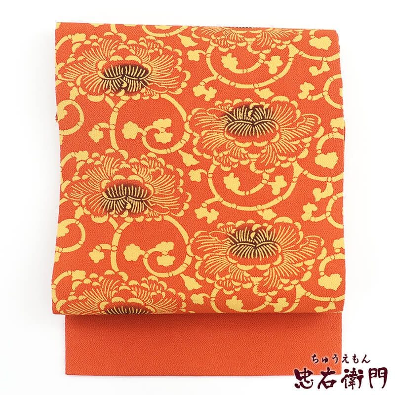 名古屋帯 なごや帯 リサイクル レディース 正絹 オレンジ 縮緬 型染め 花唐草 長さ356cm 幅30cm 仕立て上がり帯 九寸名古屋帯 リサイクル帯 即日発送 【中古】