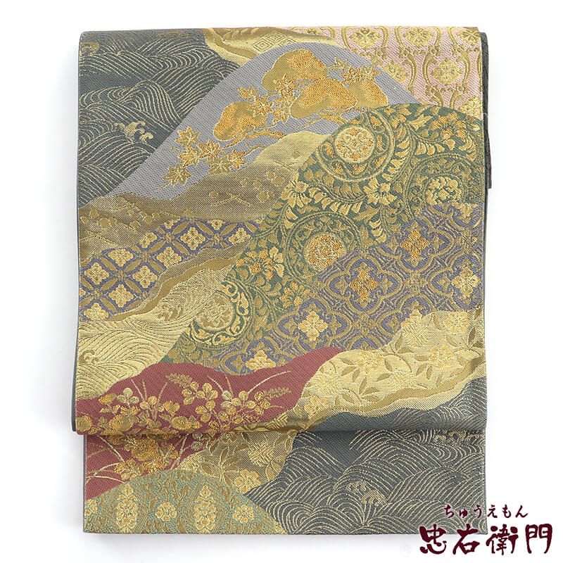 【中古】 袋帯 フォーマル ふくろ帯 リサイクル レディース 正絹 金 灰 緑 長さ430cm 幅31cm 仕立て上がり帯 リサイクル帯 送料無料 即日発送