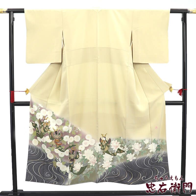 色留袖 留袖 訪問着仕立て レディース 正絹 クリーム 鳳凰 人物柄 身丈153cm 裄丈61cm 仕立て上がり着物 小さいサイズ リサイクル着物 リユース着物 中古着物 【中古】