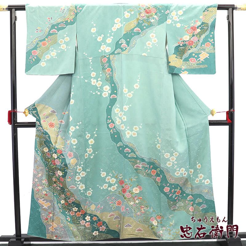中古】 訪問着 袷 レディース 正絹 水色 緑 鴛鴦 四季の花 松