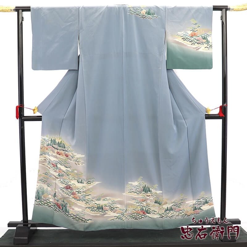 訪問着 袷 レディース 正絹 灰青 風景柄 身丈163cm 裄丈65cm フォーマル リサイクル着物 リユース着物 中古着物 送料無料 即日発送 【中古】