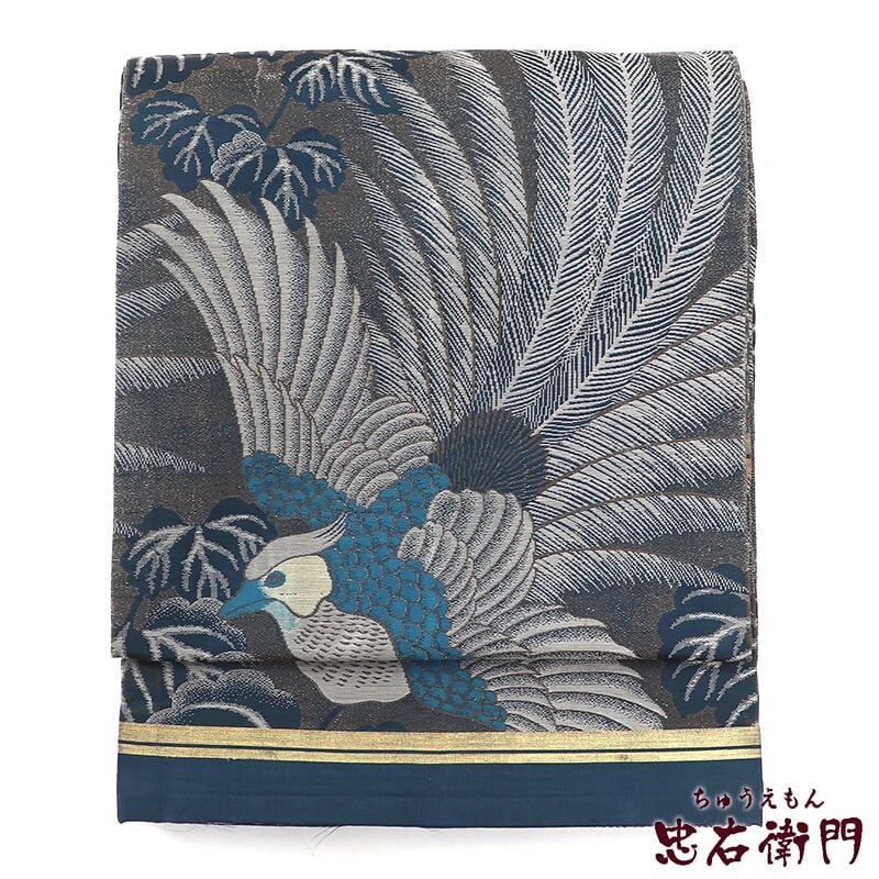 中古】 丸帯 正絹 アンティーク帯 着用不可 青緑 長さ390cm 幅32.5cm