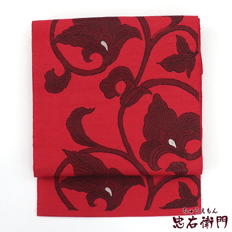 楽天スーパーSALE連動｜20％OFF】名古屋帯 正絹 八寸帯 赤桃 唐草 長さ