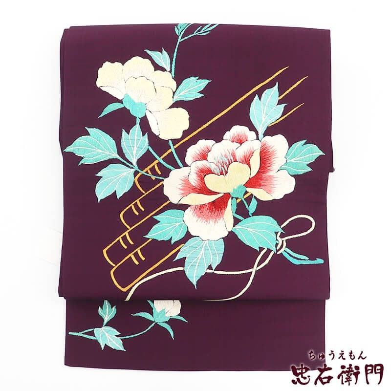 中古】 名古屋帯 正絹 九寸帯 紫 刺繍 アンティーク 長さ310cm 幅30.5