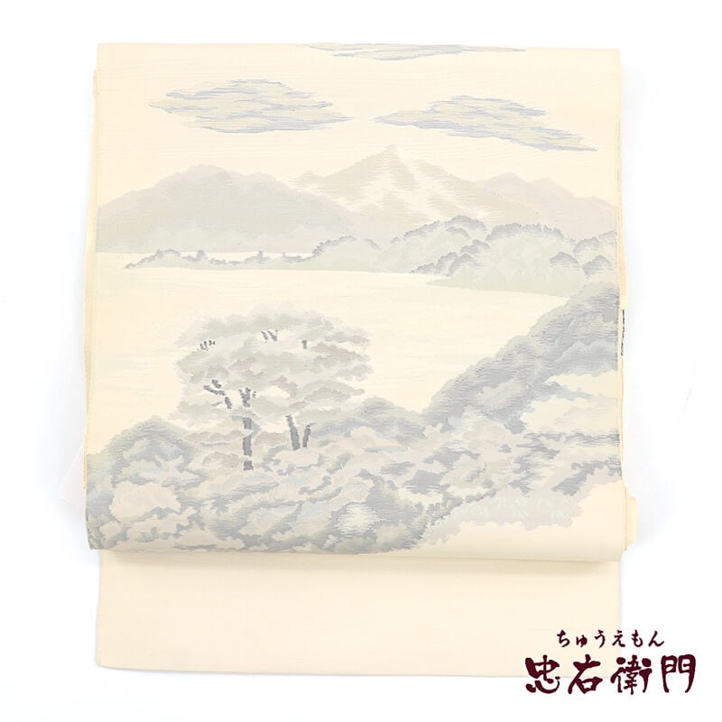 未使用品 名古屋帯 オフホワイト グレー 唐花 3m71cm 軽い お洒落 正絹 10647_thumbnail.jpg