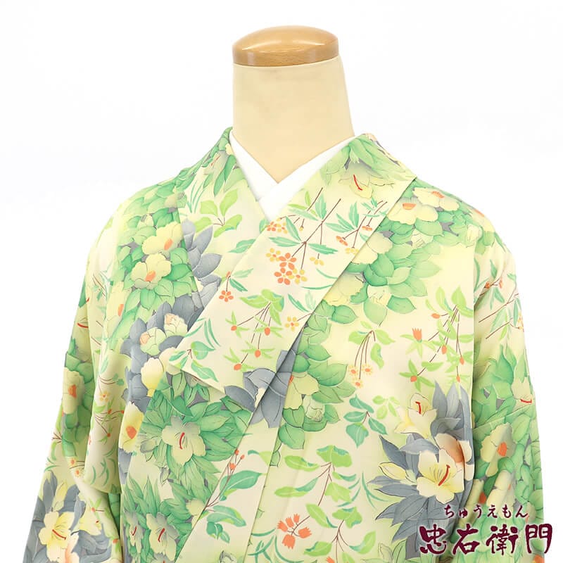 LULU30 着物 小紋 化繊 単衣 ワッシャー加工 緑 花柄 LULU30 着物 小紋 化繊 単衣 ワッシャー加工 緑 花柄ENFOLD DROP