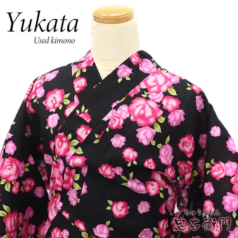 中古】 【新古品】 浴衣 ゆかた レディース 綿 黒 ピンク 花柄