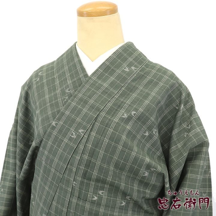 中古】 紬 袷 レディース 正絹 緑 絣柄 身丈168cm 裄丈65cm お洒落 M