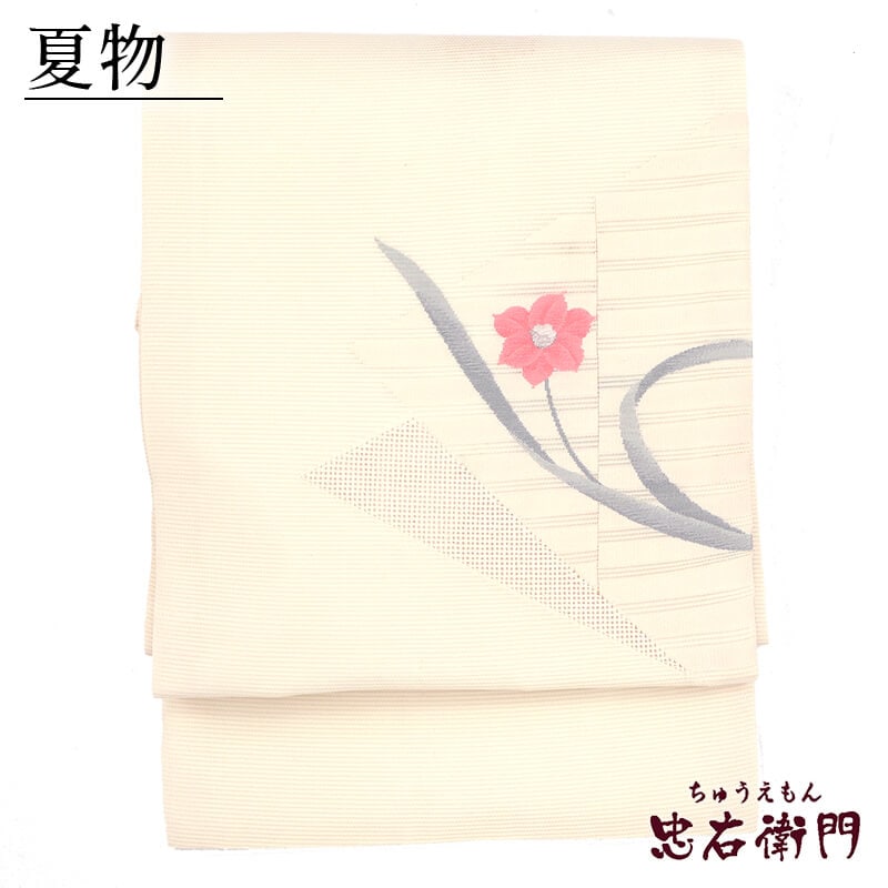 【中古】 夏名古屋帯 夏用 名古屋帯 絽 正絹 九寸帯 お太鼓柄 白 花柄 汚れあり 長さ354cm 幅30.5cm リサイクル 和装 普段使い おしゃれ着向き 着物 仕立て上がりリサイクル帯 即日発送