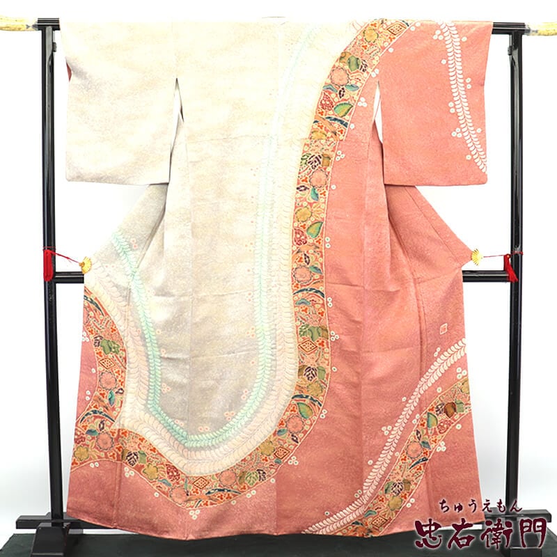付下げ＊単衣着物 染め分け 刺繍 辻が花模様 落款有 ピンク×カーキ 4SM8 暈しピンク 辻が花模様 - からん::アンティーク着物・リサイクル着物の