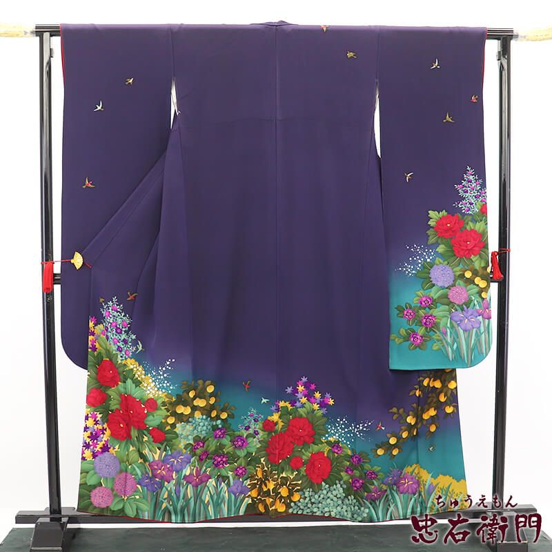 振袖 リサイクル 販売 単品 レディース 正絹 青紺 牡丹 身丈160.5cm 裄丈67cm 成人式 衣装 Mサイズ相当 リサイクル着物 リユース着物 中古着物 送料無料 即日発送 【中古】