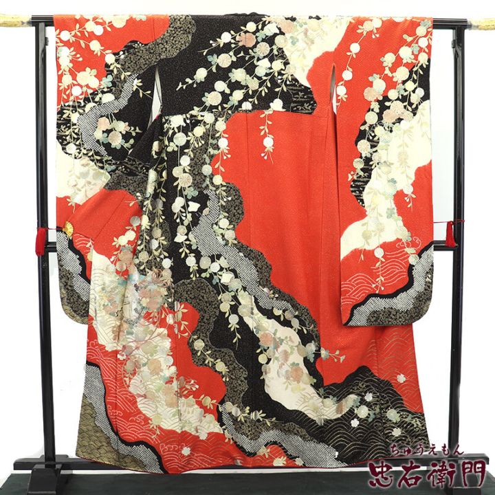 振袖 リサイクル 販売 単品 レディース 正絹 朱色 黒 道長取り 御所車