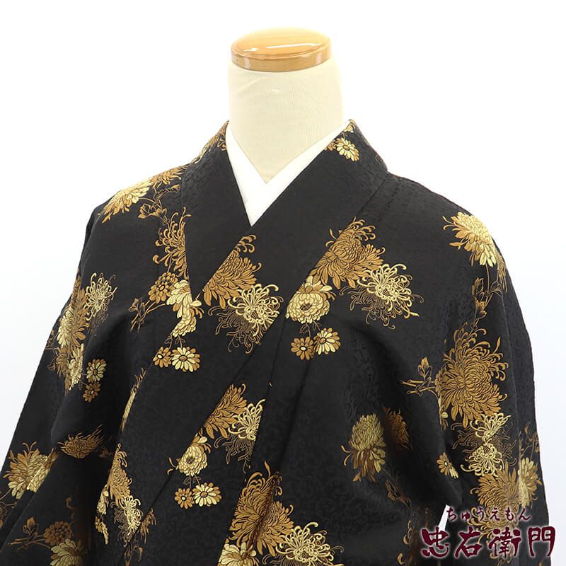 【新品未使用品 洗える着物 小紋】 中古】 小紋 小紋着物 袴用 レディース 正絹 黒 菊 高級感 身丈