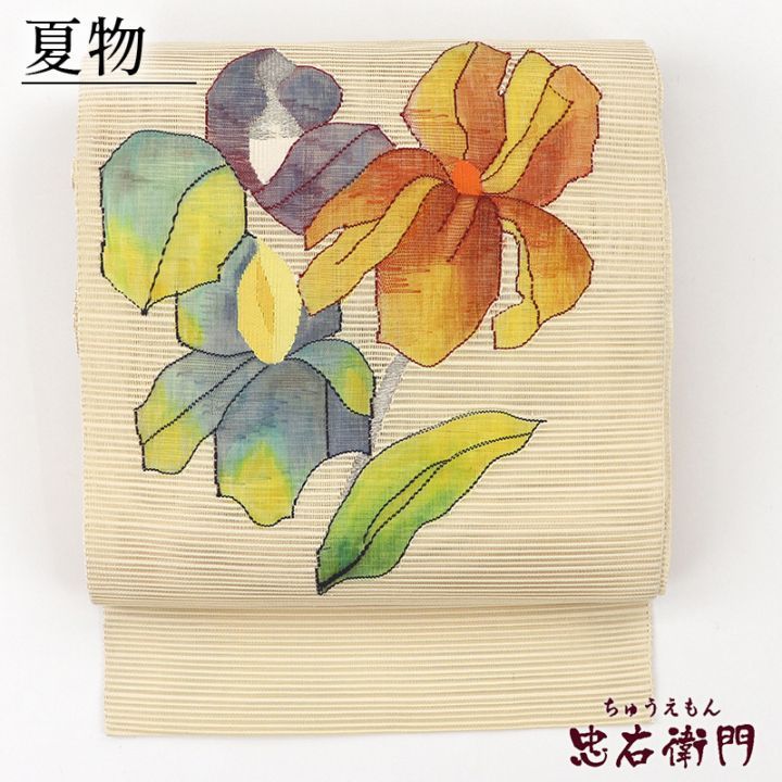 【中古】 夏帯 夏名古屋帯 絽綴れ 正絹 八寸帯 お太鼓柄 白ベージュ 菖蒲 絽 長さ360cm 幅30.5cm リサイクル 和装 おしゃれ着向き 礼装 フォーマル 着物 仕立て上がりリサイクル帯 即日発送
