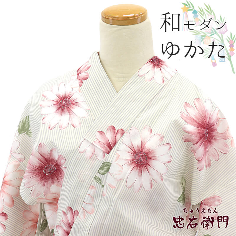 【新古品】 浴衣 ゆかた レディース 綿・コットン 白ベージュ 花柄 身丈166cm 裄丈65cm 花火 夏祭り 納涼祭 フリーサイズ リサイクル着物 リユース着物 中古着物 即日発送