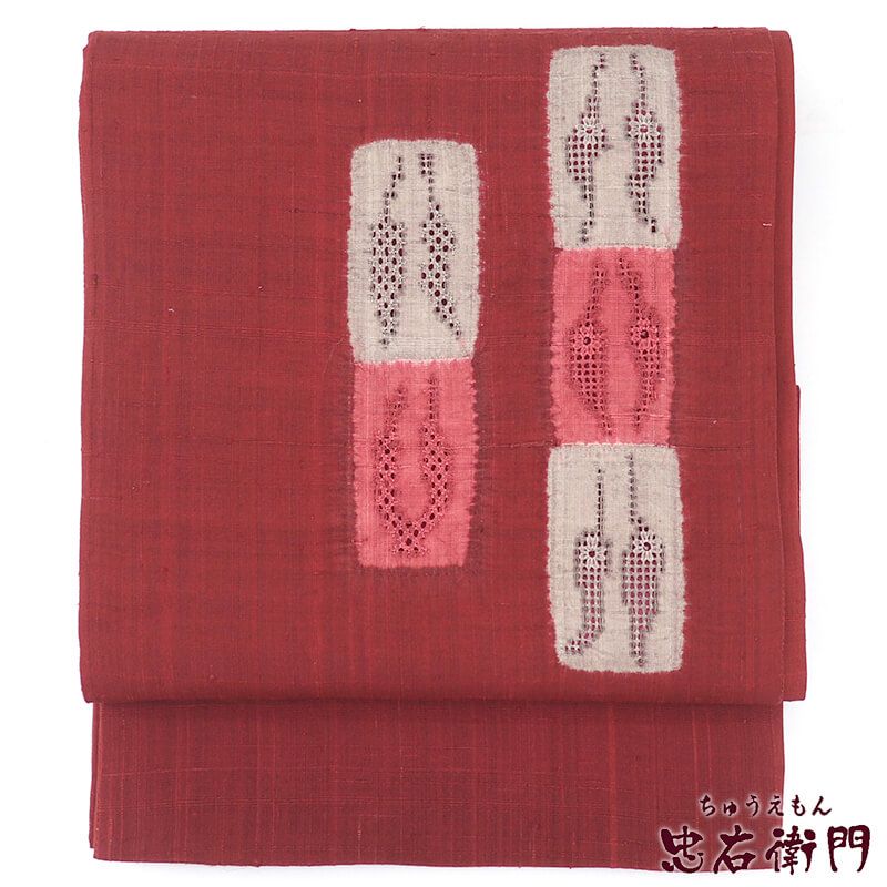 【中古】 袋帯 洒落用 おしゃれ袋帯 正絹 お太鼓柄 臙脂 透け感 紬 長さ428cm 幅31cm リサイクル 和装 おしゃれ着向き 礼装 フォーマル 着物 仕立て上がりリサイクル帯 送料無料 即日発送