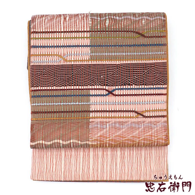 【中古】 袋帯 洒落用 おしゃれ袋帯 正絹 お太鼓柄 茶色 透け感 織柄 長さ456cm 幅31.5cm リサイクル 和装おしゃれ着向き 礼装 フォーマル 着物 仕立て上がりリサイクル帯 送料無料 即日発送