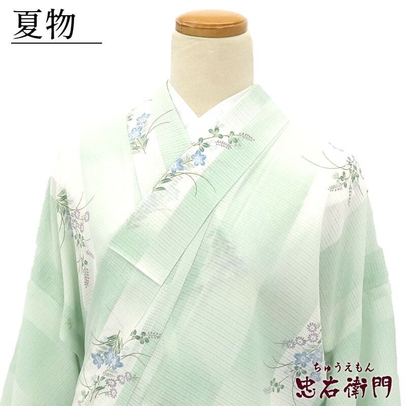 リサイクル着物 リサイクル 夏着物 絽小紋 小紋着物 レディース 化繊 縮緬 絽縮緬 薄緑 萩 桔梗 菊 身丈171cm 裄丈69cm 仕立て上がり着物 【中古】 送料無料 即日発送