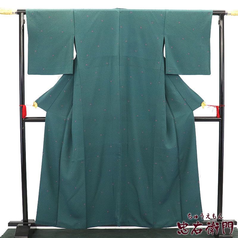 【中古】 小紋 胴抜き仕立て レディース 化繊 緑 江戸小紋風 身丈162cm 裄丈67cm カジュアル 街着 M〜Lサイズ相当 リサイクル着物 リユース着物 中古着物 即日発送