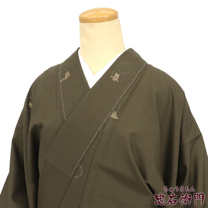 【中古】 紬 袷 レディース 正絹 カーキ フクロウ 身丈158cm 裄丈64cm カジュアル Mサイズ相当 リサイクル着物 リユース着物 中古着物 即日発送