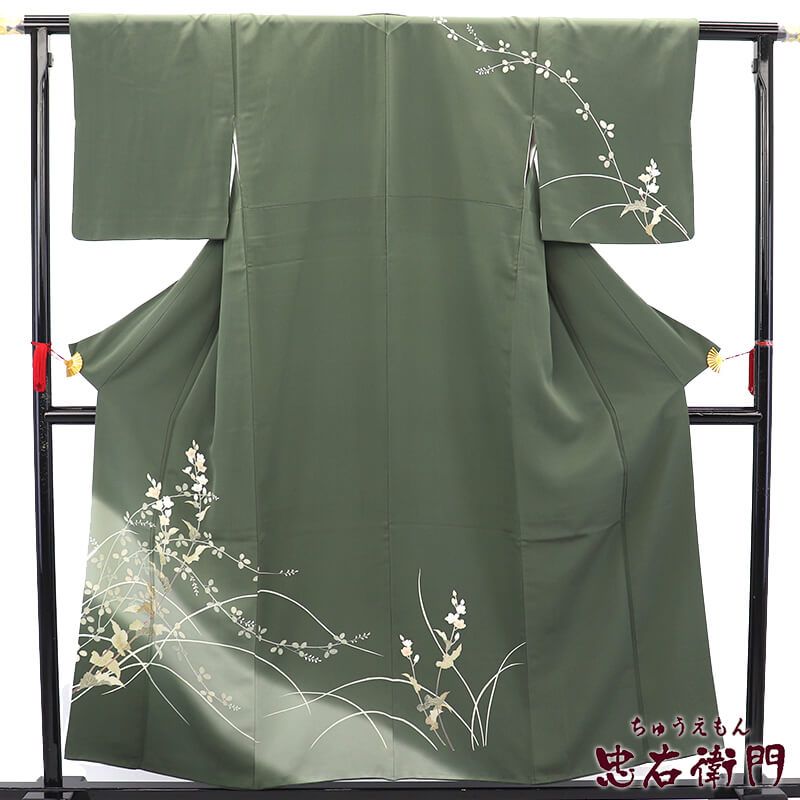 【中古】 訪問着 袷 レディース 正絹 灰緑 萩 上品 身丈158cm 裄丈63cm フォーマル S〜Mサイズ相当 リサイクル着物 リユース着物 中古着物 送料無料 即日発送