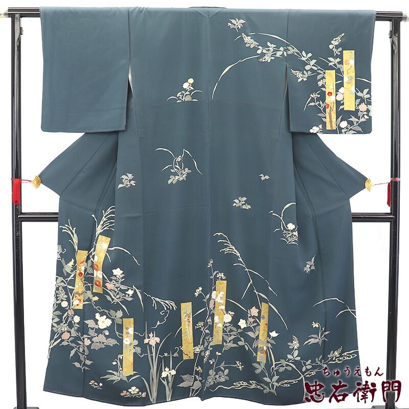 【中古】 訪問着 袷 レディース 正絹 灰青 短冊柄 草木柄 身丈155.5cm 裄丈64.5cm フォーマル S〜Mサイズ相当 リサイクル着物 リユース着物 中古着物 送料無料 即日発送