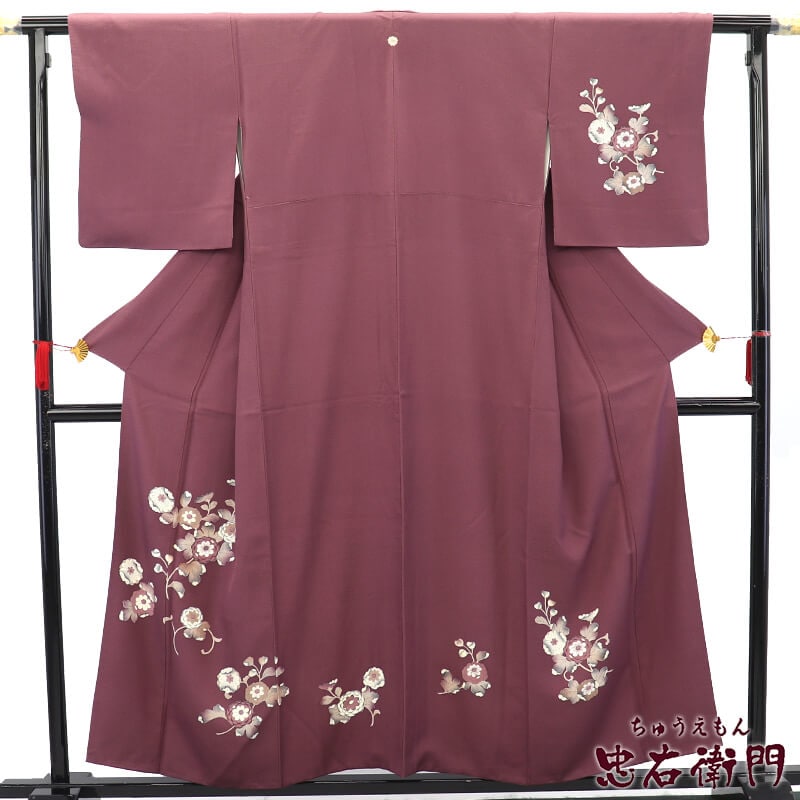 中古】 付下げ 一つ紋 剣片喰 袷 レディース 正絹 灰紫 辻が花 身丈