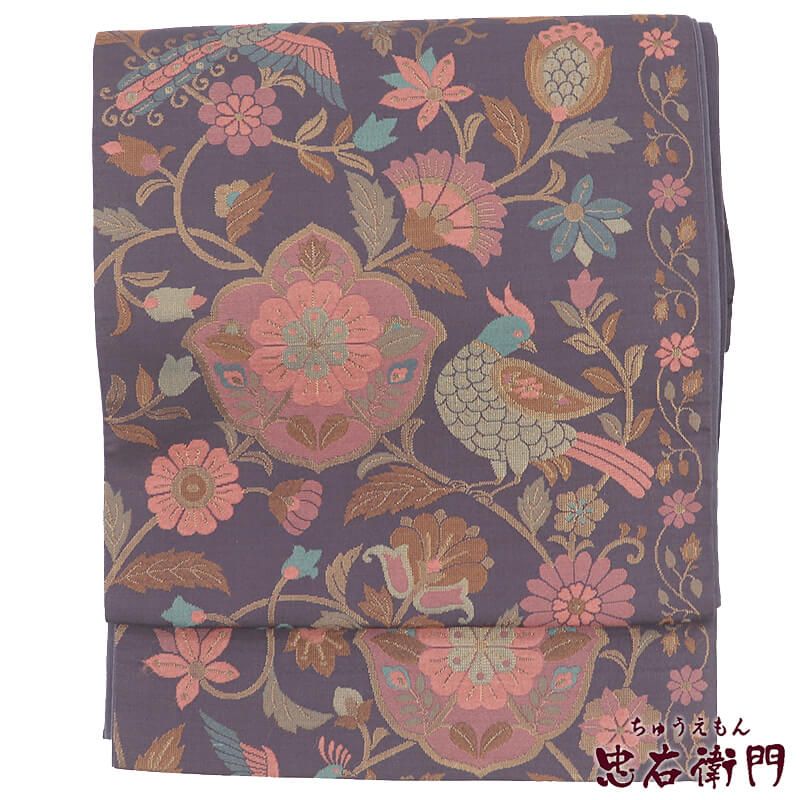 【中古】 袋帯 正絹 六通柄 紫 桃色 更紗柄 長さ428cm 幅30.5cm リサイクル 和装 おしゃれ着向き 礼装 フォーマル 着物 仕立て上がりリサイクル帯 送料無料 即日発送