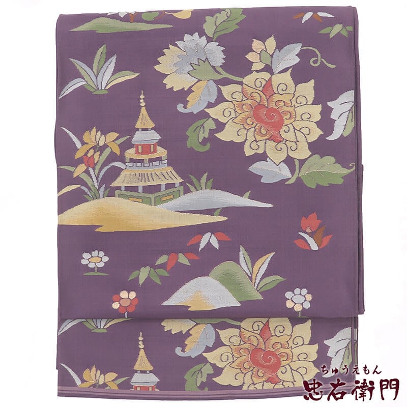 夏帯　花柄　長尺　洒落袋帯　紋紗　袋帯　長尺 正絹 中古】 袋帯 正絹 六通柄 紫 楼閣 風景柄 長さ433cm 幅30.5cm