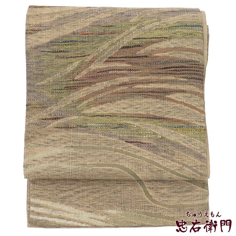 【中古】 袋帯 おしゃれ 洒落帯 正絹 六通柄 灰ベージュ 織柄 長さ453cm 幅31cm リサイクル 和装 おしゃれ着向き 着物 仕立て上がりリサイクル帯 送料無料 即日発送