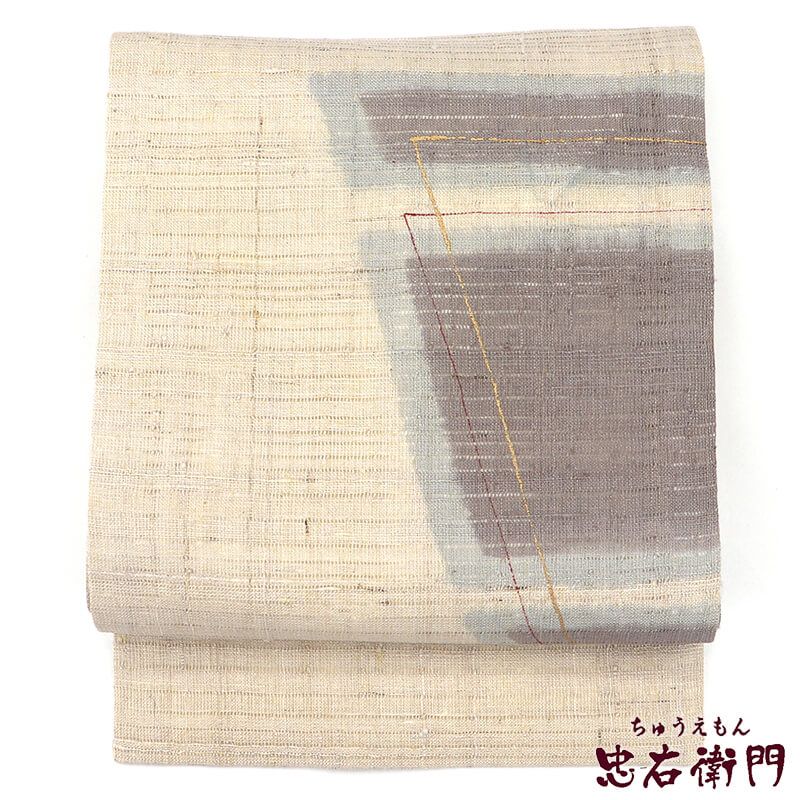 中古】 名古屋帯 正絹 九寸帯 お太鼓柄 ベージュ 紬 抽象柄 長さ378cm