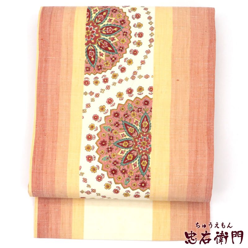 新品 九寸なごや帯 名古屋帯 お太鼓柄 正絹 染帯 ろうけつ染 お仕立て付き 中古】 名古屋帯 難あり 正絹 九寸帯 お太鼓柄 白 オレンジ 更紗風 長