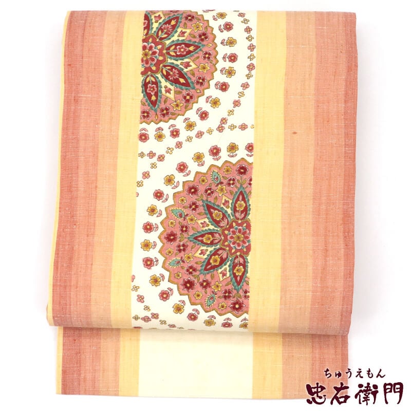 中古】 名古屋帯 難あり 正絹 九寸帯 お太鼓柄 白 オレンジ 更紗風 長