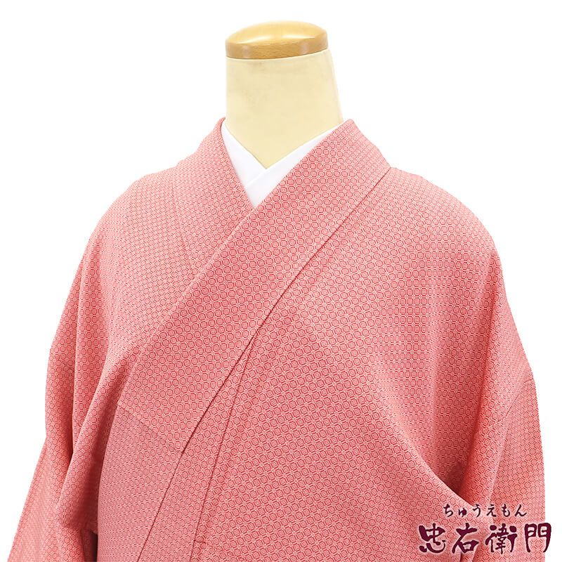 【中古】 小紋 袷 レディース 正絹 桃 菱 身丈163.5cm 裄丈65cm カジュアル M〜Lサイズ相当 リサイクル着物 リユース着物 中古着物 即日発送