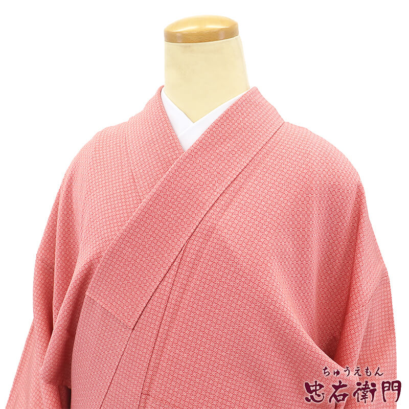 小紋 袷 レディース 正絹 桃 菱 身丈163.5cm 裄丈65cm カジュアル M～L