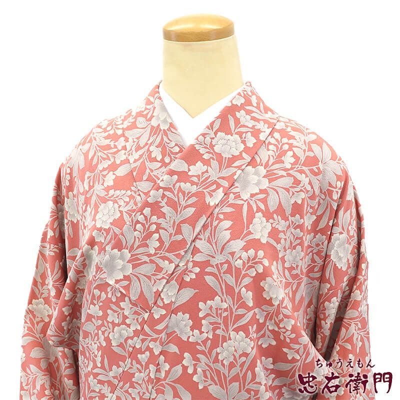 【中古】 小紋 袷 レディース 正絹 灰桃 草花柄 身丈165cm 裄丈66cm カジュアル M〜Lサイズ相当 リサイクル着物 リユース着物 中古着物 即日発送