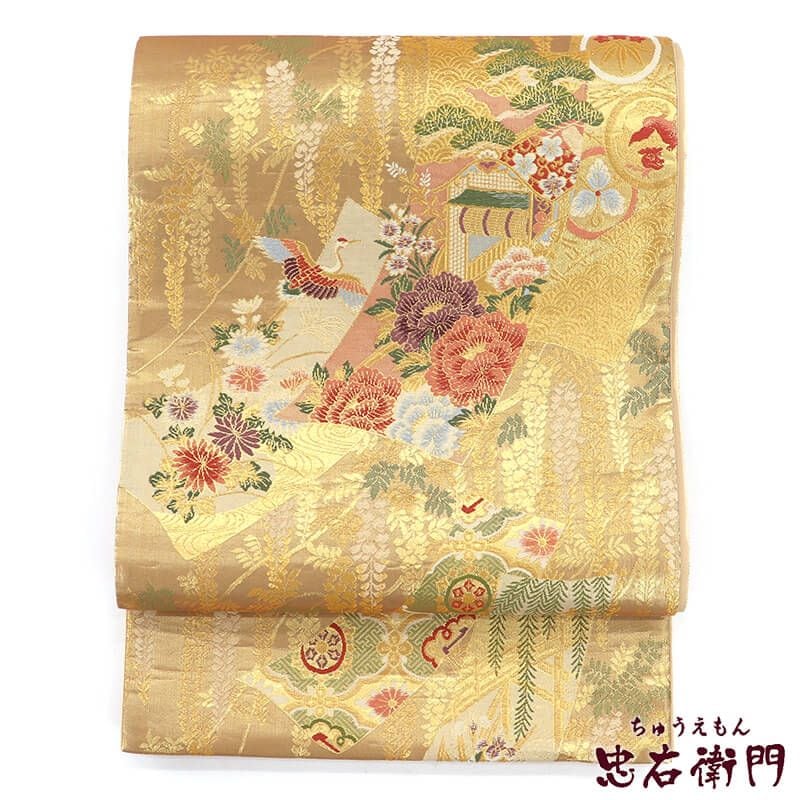 【中古】 袋帯 フォーマル 振袖向き 正絹 六通柄 金 ベージュ 長さ431cm 幅31cm リサイクル 和装 礼装 フォーマル向き 着物 仕立て上がりリサイクル帯 即日発送