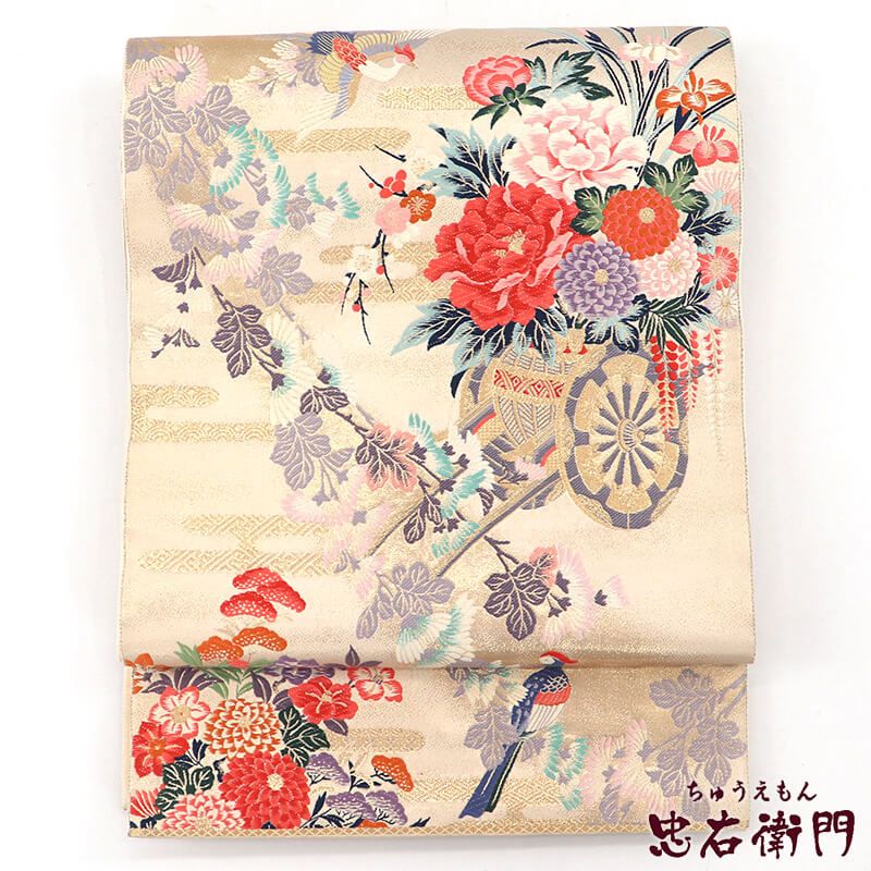 【中古】 袋帯 フォーマル 加賀花車文 七五三・入学式・卒業式向き 正絹 六通柄 ベージュ 花車 尾長鳥 長さ428cm 幅31cm リサイクル 和装 礼装 フォーマル向き 着物 仕立て上がりリサイクル帯 送料無料 即日発送