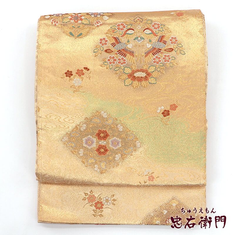 【中古】 袋帯 フォーマル 七五三・入学式・卒業式などにも 正絹 六通柄 金 菱 向い鳳凰 長さ431cm 幅31cm リサイクル 和装 礼装 フォーマル向き 着物 仕立て上がりリサイクル帯 即日発送