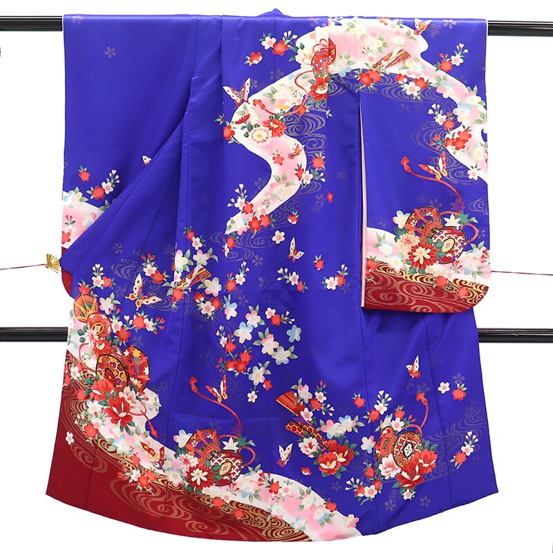 【中古】 七五三 お祝い着 女児 7歳 リサイクル着物 長襦袢セット キッズ ガール ポリエステル 紺 鼓文 身丈135cm 裄丈53.5cm リサイクル 1点もの 即日発送