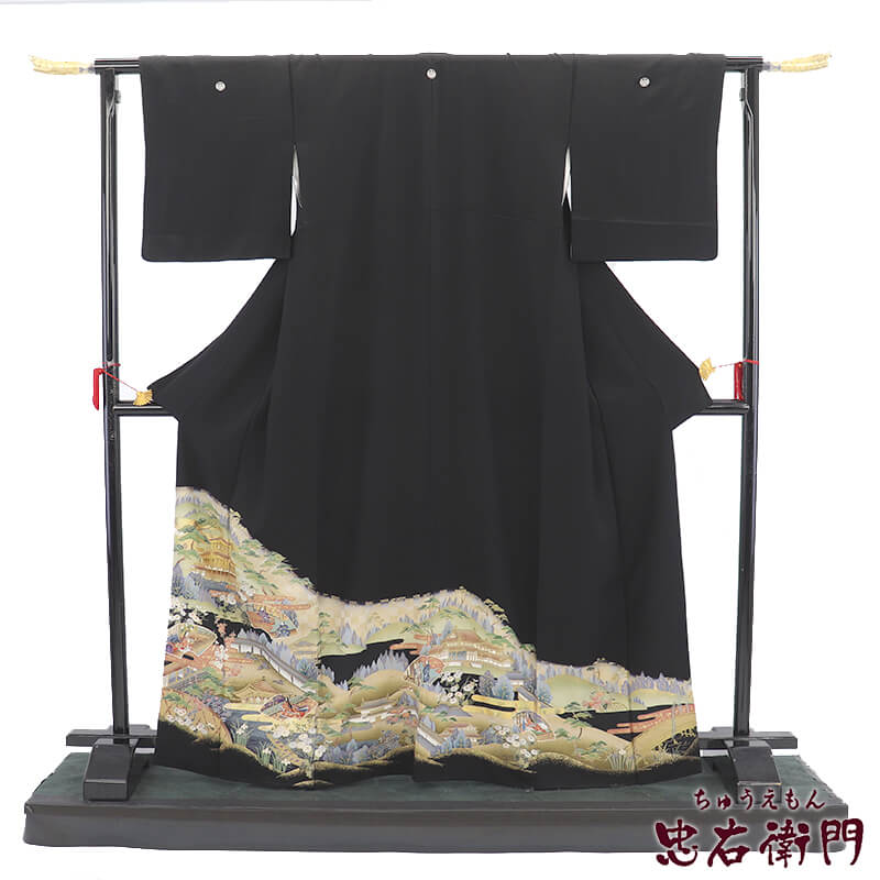 【中古】 黒留袖 販売 単品 礼装 着物 和装 フォーマル 正絹 黒 丸に五三の桐 伝統文様 地紙文 身丈168cm 裄丈66cm 結婚式 母親 M~Lサイズ相当 リサイクル着物 リユース着物 中古着物 送料無料 即日発送