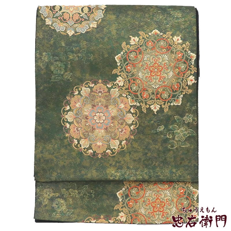 【中古】 袋帯 フォーマル 正絹 六通柄 緑 金 華文 長さ428cm 幅30.5cm リサイクル 和装 礼装 フォーマル 着物 仕立て上がりリサイクル帯 即日発送