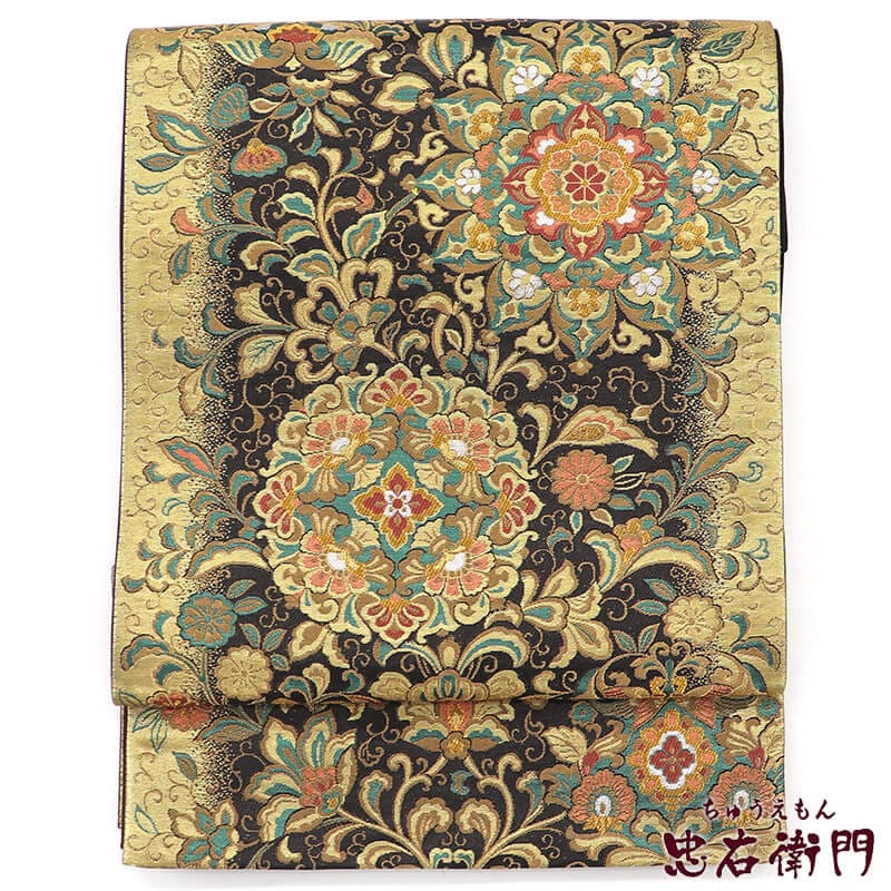 中古】 袋帯 フォーマル 正絹 六通柄 金 黒 華文 唐草 長さ421cm 幅