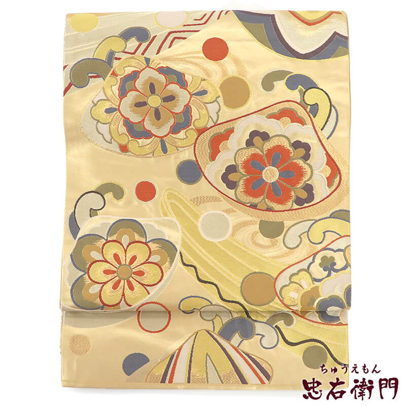 【中古】 袋帯 フォーマル 正絹 六通柄 金 ベージュ 船 蛤 長さ442cm 幅31.5cm リサイクル 和装 礼装 フォーマル 着物 仕立て上がりリサイクル帯 即日発送