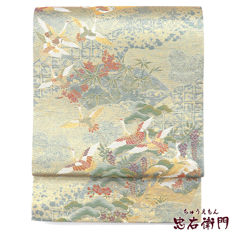 【中古】 袋帯 フォーマル 正絹 六通柄 銀 鶴 鴛鴦 吉祥柄 長さ436cm 幅30.5cm リサイクル 和装 礼装 フォーマル 着物 仕立て上がりリサイクル帯 即日発送