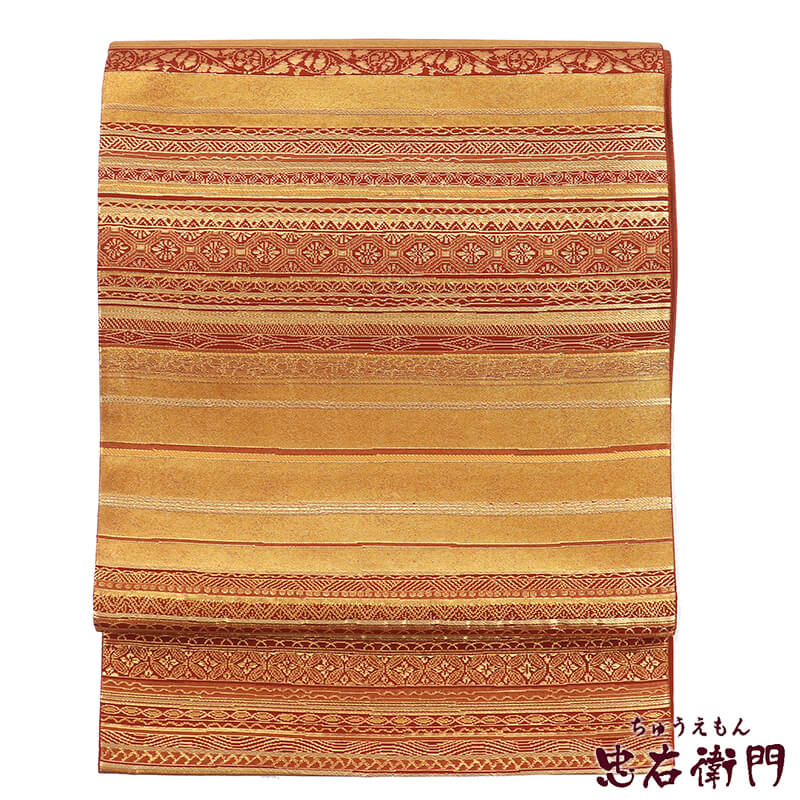 中古】 袋帯 フォーマル 正絹 六通柄 オレンジ 金 横段 長さ