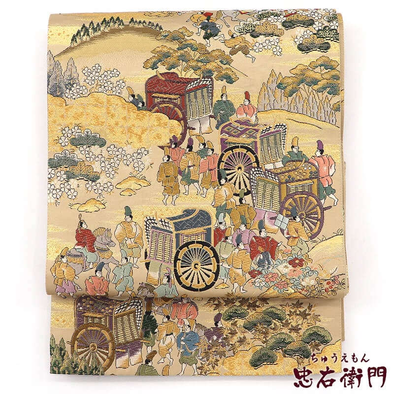 【中古】 袋帯 フォーマル 正絹 全通柄 金ベージュ 時代柄 人物柄 長さ434cm 幅30.5cm リサイクル 和装 礼装 フォーマル 着物 仕立て上がりリサイクル帯 即日発送