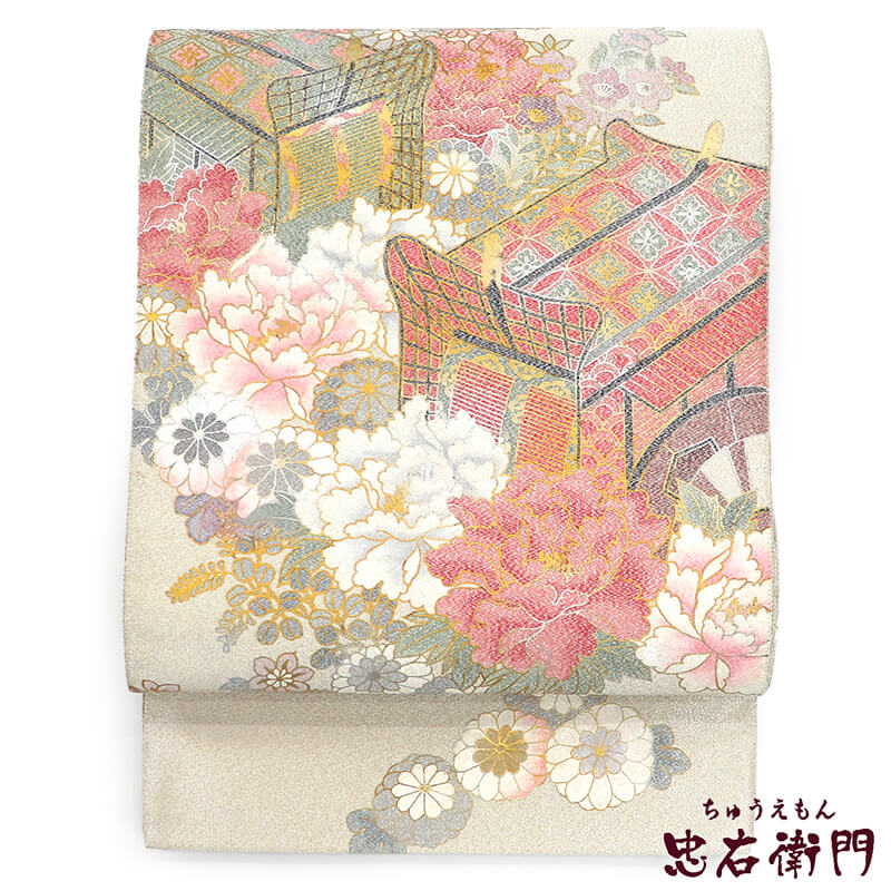 【中古】 袋帯 フォーマル 綴れ 正絹 お太鼓柄 銀 御所車 牡丹 菊 長さ430cm 幅30cm リサイクル 和装 礼装 フォーマル 着物 仕立て上がりリサイクル帯 即日発送