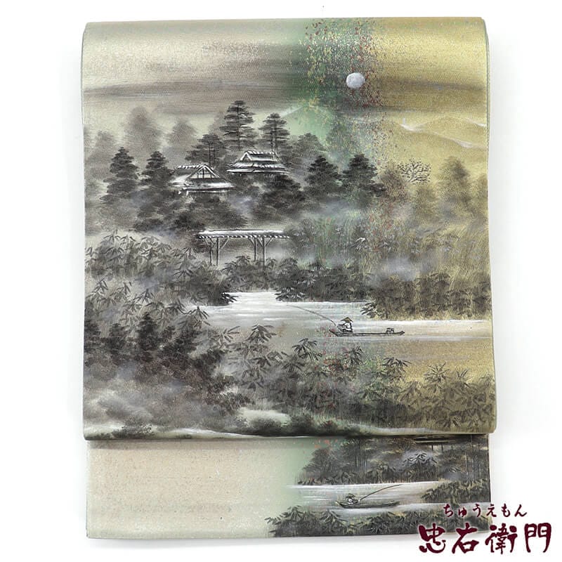 【中古】 袋帯 フォーマル 正絹 お太鼓柄 緑 箔地 風景柄 長さ424cm 幅30.5cm リサイクル 和装 礼装 フォーマル 着物 仕立て上がりリサイクル帯 即日発送